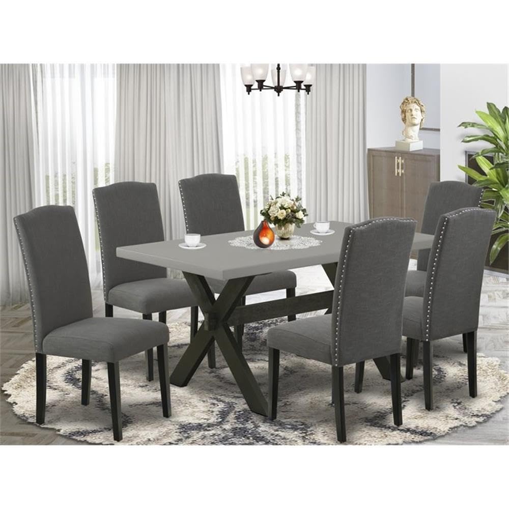 East West Furniture X696En120-7 7 Piece Dining Room Table Set Consist Of A Rectangle Kitchen Table With X-Legs And 6 Dark Gotham Linen Fabric Parson Dining Chairs, 36X60 Inch, Multi-Color